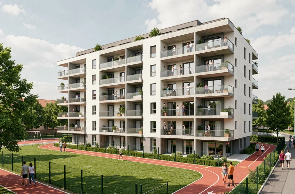 Immeuble d'appartements moderne de Sporting Promotion à Toulouse, avec balcons, espaces verts et piste de jogging au premier plan