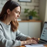 Femme consultant le suivi de sa demande de logement sur un ordinateur portable via l'application Inli et moi