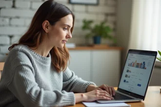 Femme consultant le suivi de sa demande de logement sur un ordinateur portable via l'application Inli et moi