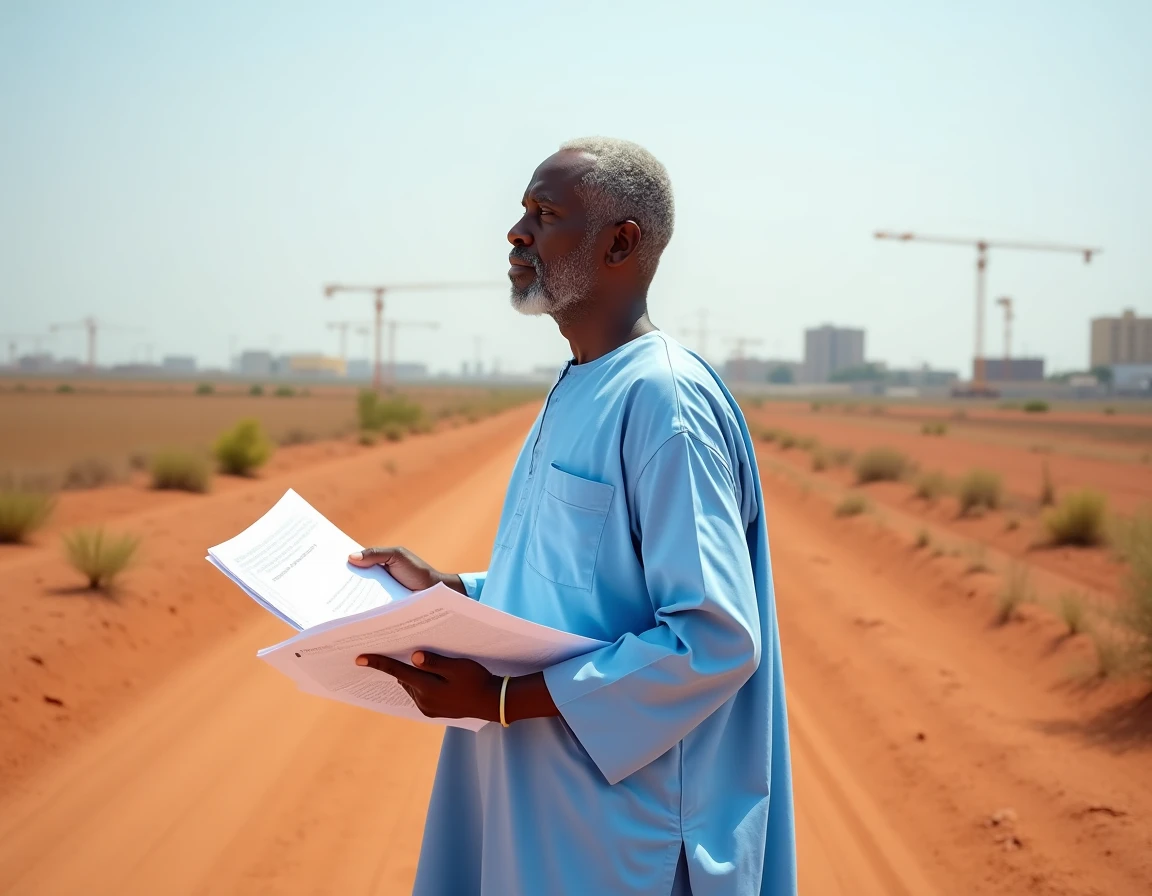 Propriétaire sénégalais inspectant un terrain à vendre en périphérie de Dakar avec documents fonciers