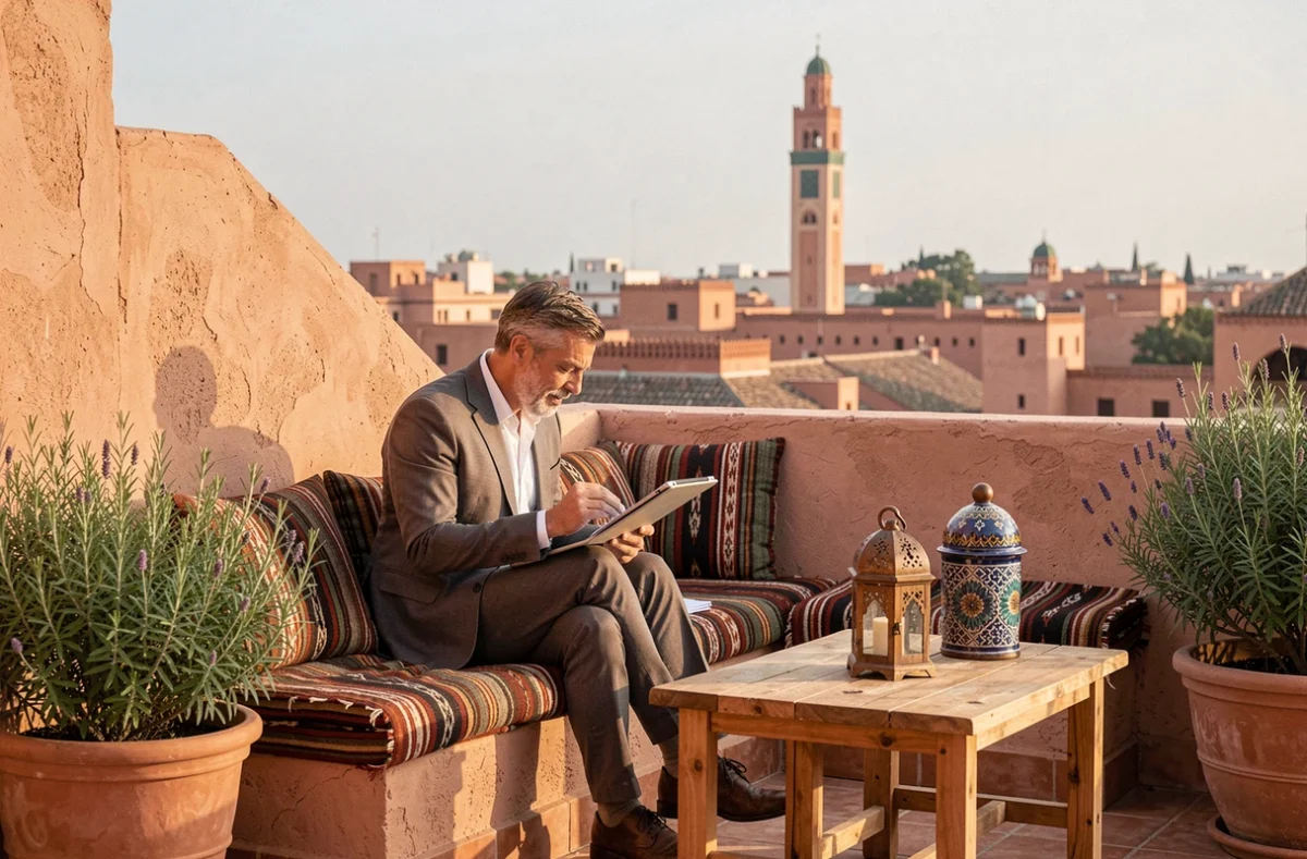 Couple de futurs propriétaires consultant des documents sur la terrasse d'un riad à Marrakech avec vue sur la médina et le minaret de la Koutoubia