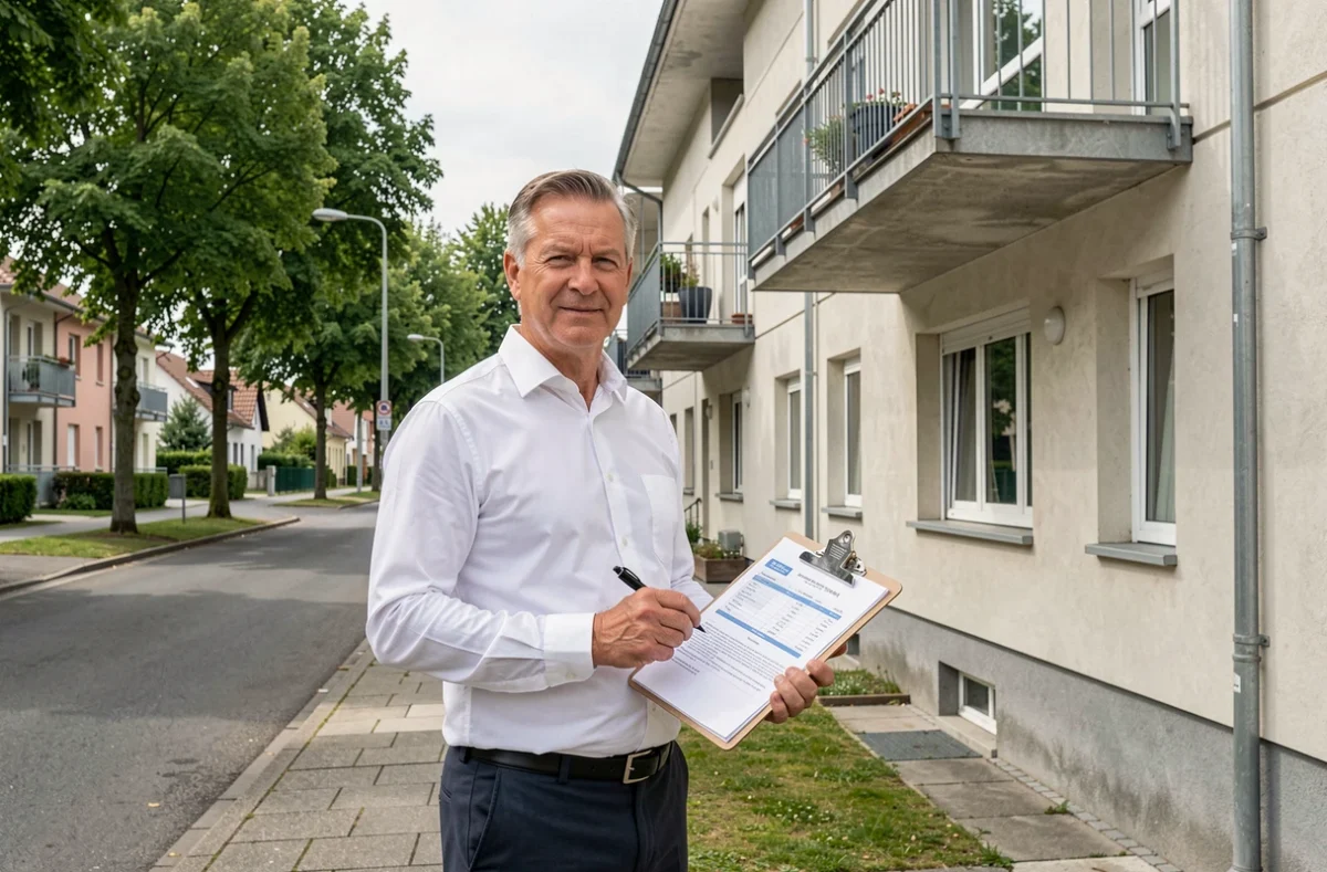Agent de TOPIMMO Colmar Sud devant un immeuble résidentiel en périphérie de Colmar avec documents de gestion locative