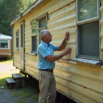 Homme examinant un vieux mobil home de plus de 20 ans sur un terrain de camping en vue de sa vente