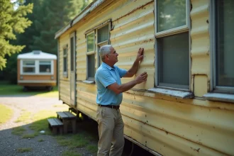 Homme examinant un vieux mobil home de plus de 20 ans sur un terrain de camping en vue de sa vente