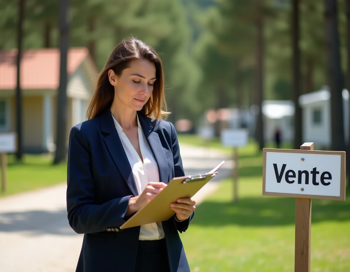 Agent immobilier présentant une parcelle à vendre dans un camping en Vendée avec panneau vente et documents de transaction