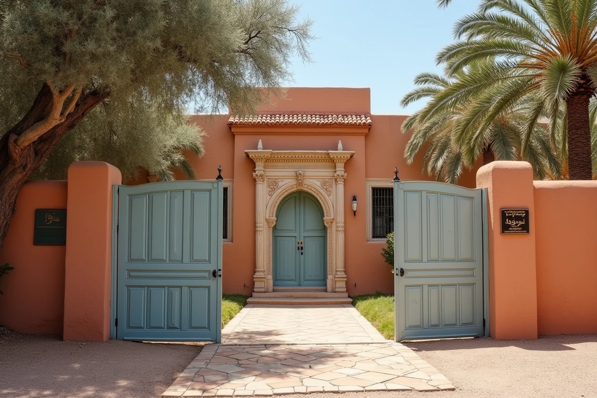 Villa marocaine traditionnelle à vendre à Marrakech avec panneau d'agence immobilière en français