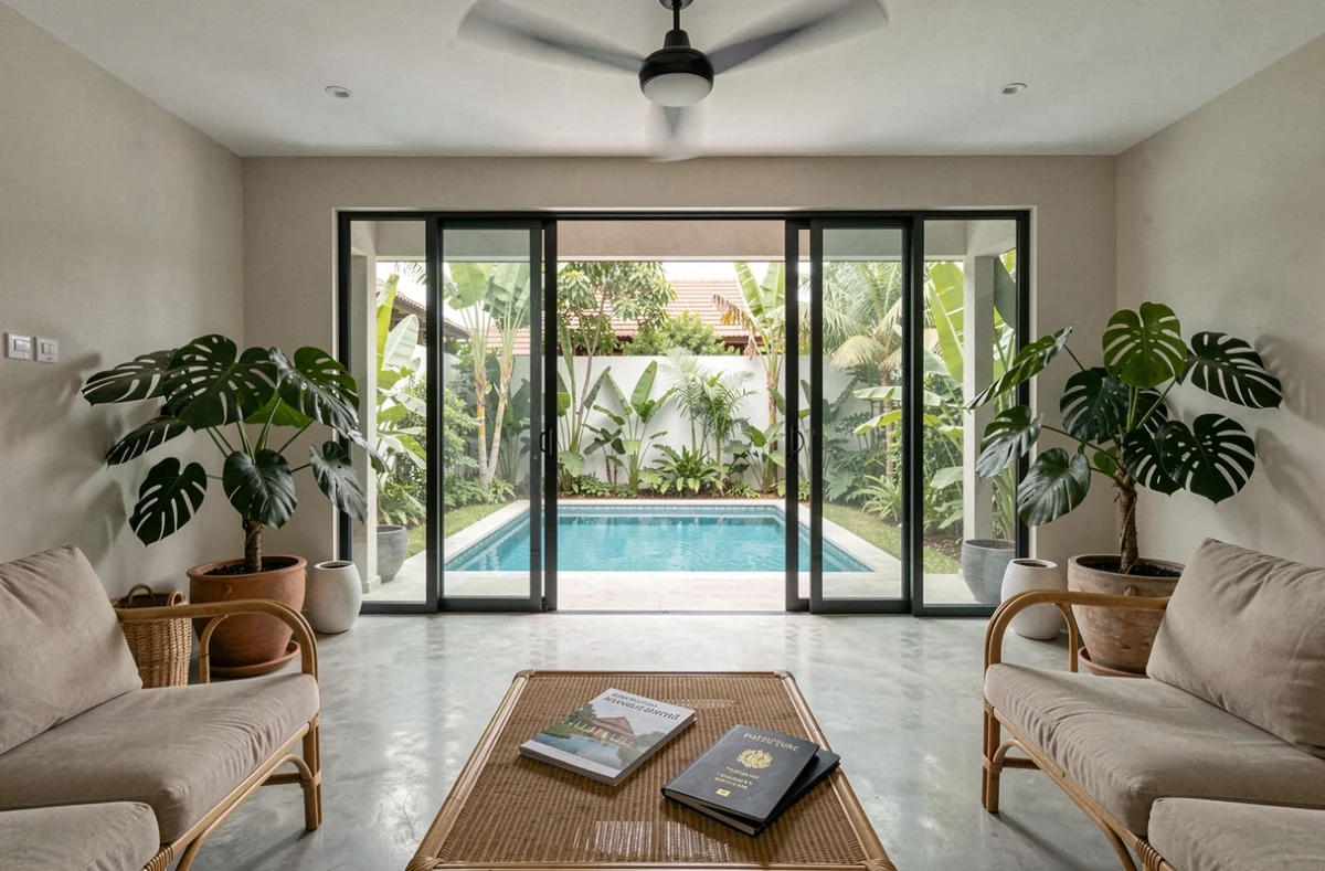 Intérieur de villa moderne thaïlandaise avec piscine privée et documents immobiliers sur une table basse en rotin
