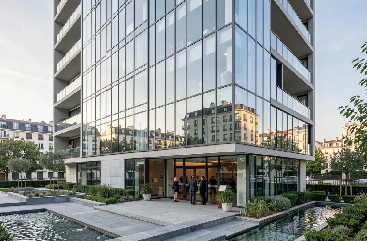 Tour résidentielle haut de gamme de Vinci Immobilier à Toulouse avec façade vitrée, aménagements paysagers et lobby contemporain