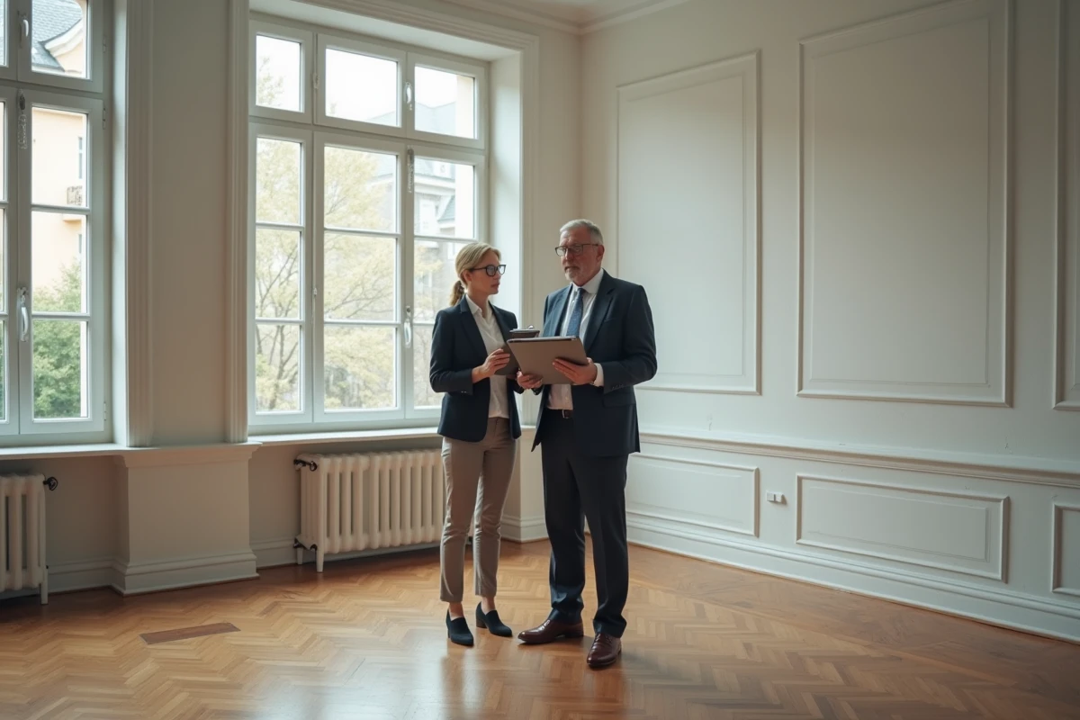 Notaire et agent immobilier effectuant une visite d'estimation dans un appartement vide