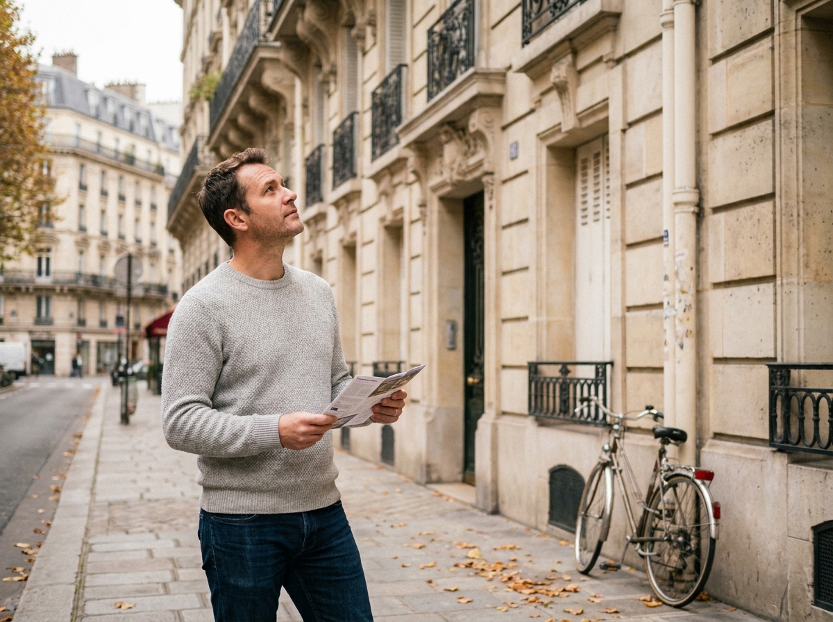 Un investisseur immobilier examine la façade d'un immeuble haussmannien lors d'une visite de bien locatif à Paris