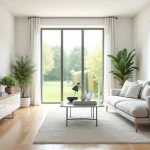 Salon moderne de maison témoin avec interface de visite virtuelle 360 degrés sur ordinateur portable
