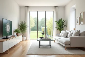 Salon moderne de maison témoin avec interface de visite virtuelle 360 degrés sur ordinateur portable